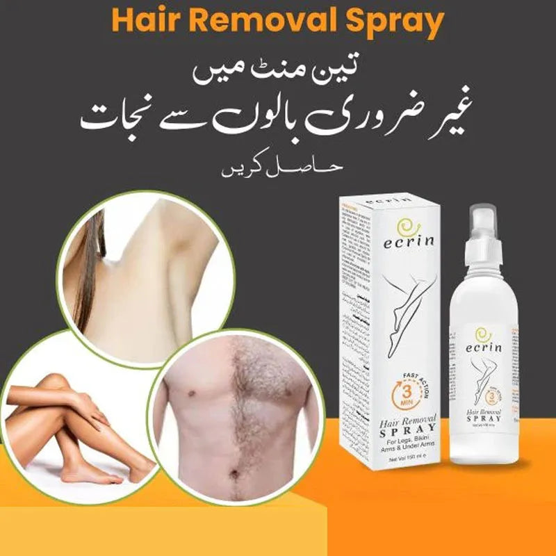 Ecrin hair removal spray bottle displayed beside its packaging on a wooden surface
