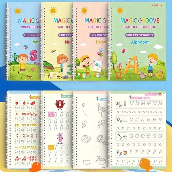 Colorful kids handwriting practice books featuring math, numbers, drawing, and alphabet for preschoolers.